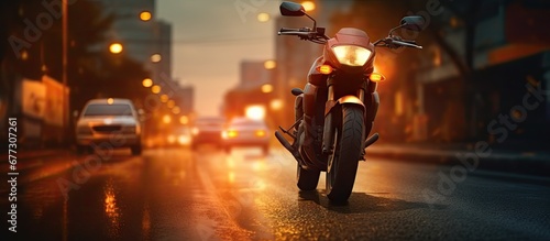 Cars and motorcycles on dimly lit road at night Copy space image Place for adding text or design photo