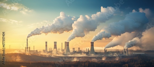 Air pollution resulting from smoke emitted by factory chimneys during cold mornings poses an ecological concern Copy space image Place for adding text or design photo