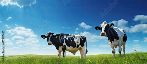 2 cows of different colors grazing together in a green field under a blue sky Copy space image Place for adding text or design