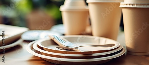 Biodegradable paper tableware with recycling symbol on plate Close up shot Copy space image Place for adding text or design
