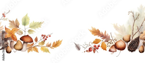 Autumn forest pattern with watercolor elements Themes include animals leaves branches acorns mushrooms and rowan Background for fall Copy space image Place for adding text or design