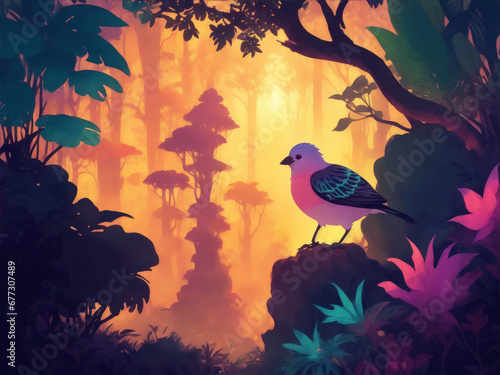 Vibrant Jungle Delight A colorful illustration capturing the lively essence of a jungle, each hue thoughtfully curated and effortlessly brought to life, generated by AI
