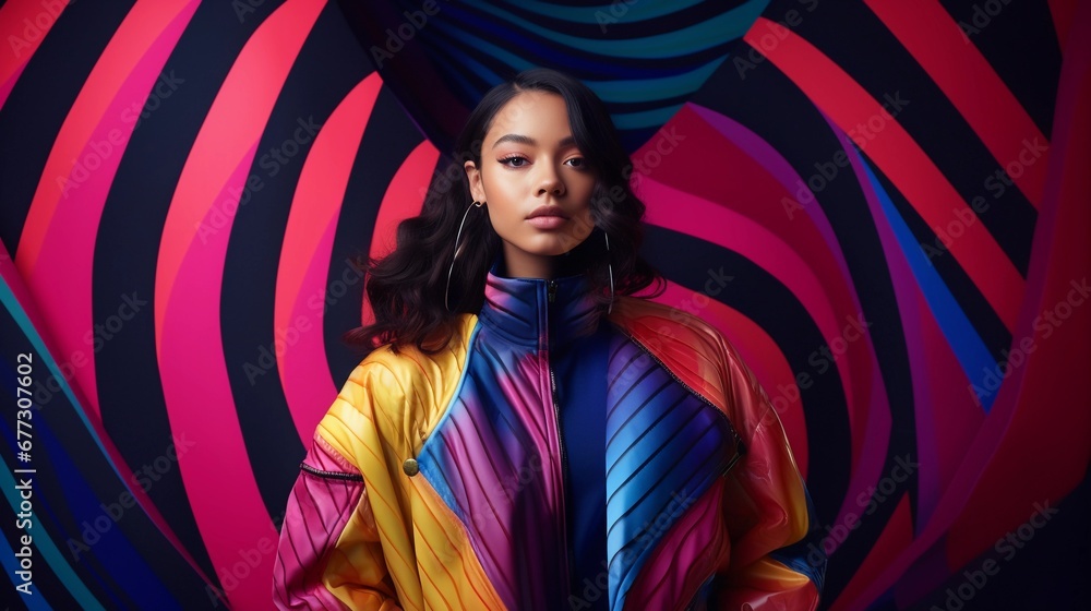 Futuristic fashion, portrait of a confident woman, 90s fashion