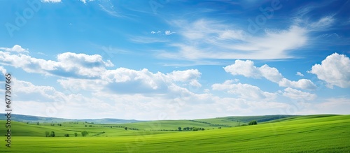 Beautiful countryside in Ukraine Europe Summertime nature photo of lush green pastures and clear blue sky Explore Earth s beauty Copy space image Place for adding text or design