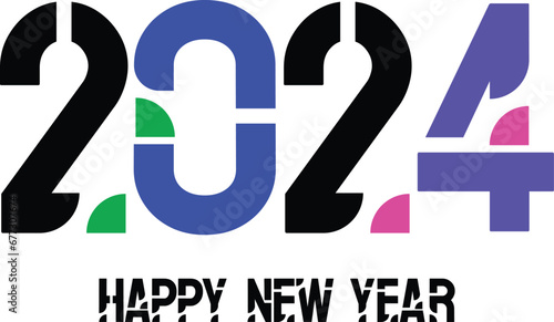 Greeting card Happy New Year 2024. Beautiful holiday web banner or billboard with Golden sparkling text Happy New Year 2024 written sparklers on festive blue background with fireworks