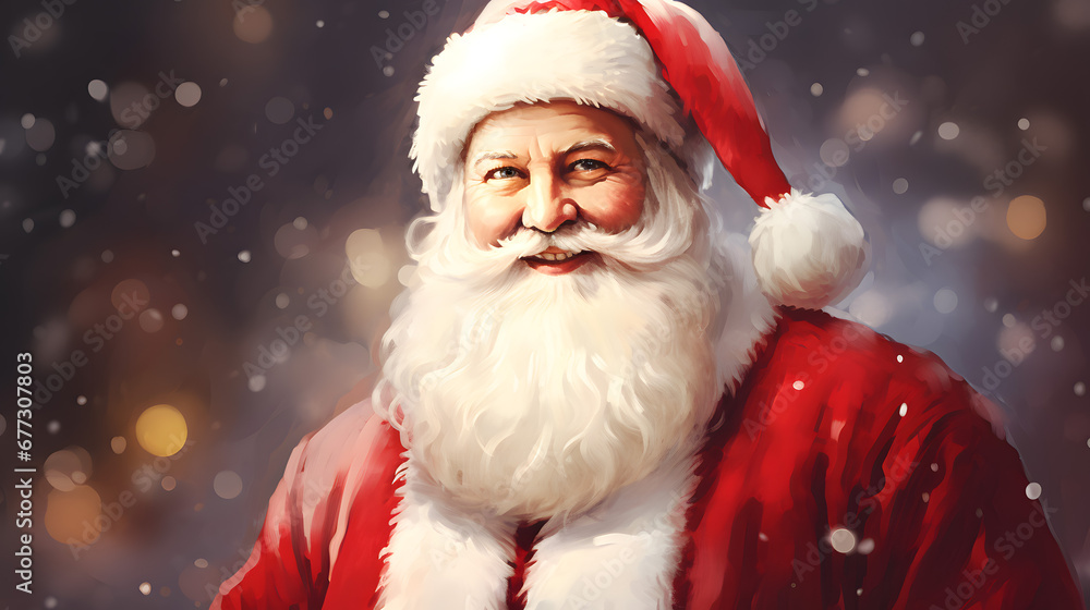 Cheerful Santa Claus in Snowy Winter Night for Christmas Holiday Greetings Cheerful Santa Claus in Snowy Winter Night for Christmas Holiday Greetings