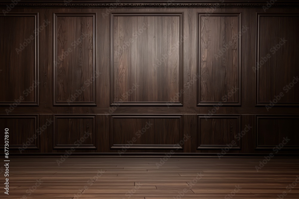 Dark brown wooden texture highlighted wall with copy space, brown parquet floor. Mock up, template Dark brown wooden texture highlighted wall with copy space, brown parquet floor. Mock up, template