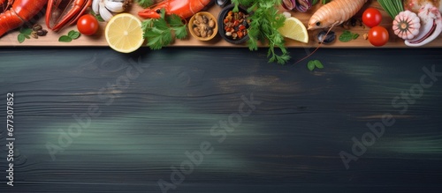 Assorted fresh seafood enhanced with herbs and lime Copy space image Place for adding text or design photo
