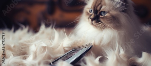 Cat grooming tool for removing animal hair during molting creating a cat shaped wool pattern Copy space image Place for adding text or design photo
