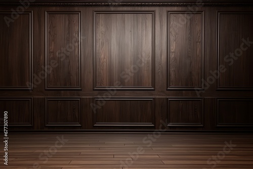 Dark brown wooden texture highlighted wall with copy space  brown parquet floor. Mock up  template