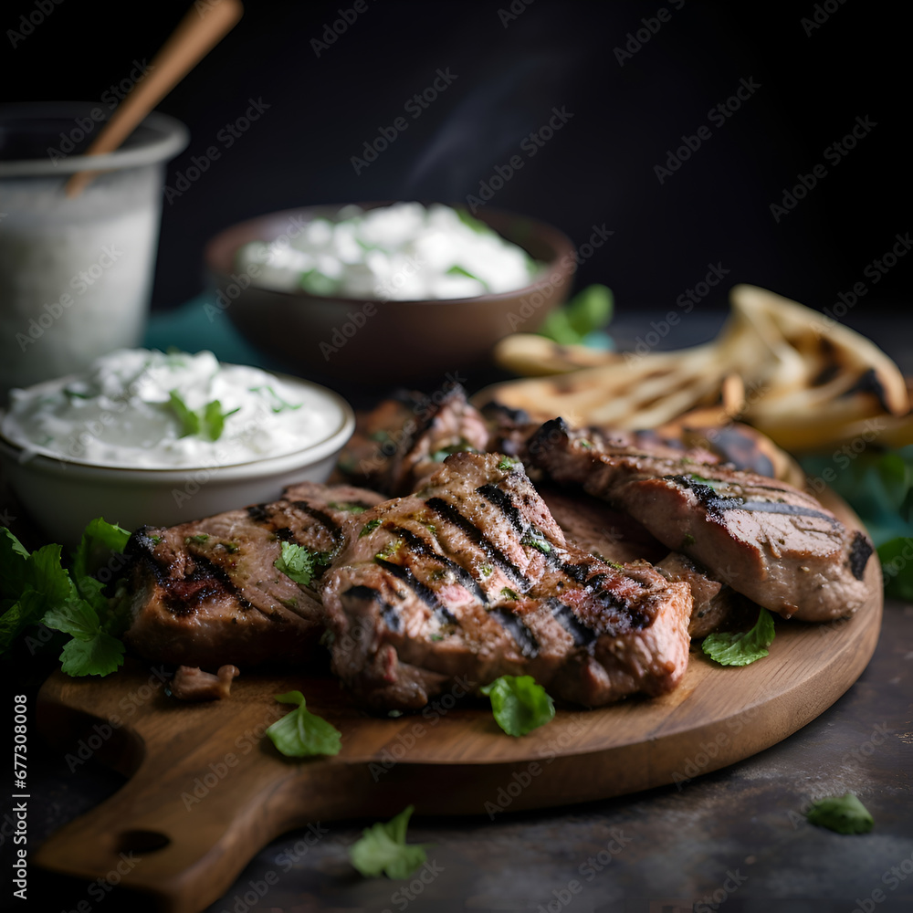 Grilled steaks with herbs and garlic sauce. selective focus.