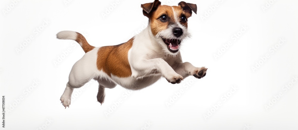 Action shot of adorable Jack Russell Terrier puppy jumping in a white studio Emphasizing movement attractiveness veterinary care breed pets and animal well being With room for ad content Copy s Action shot of adorable Jack Russell Terrier puppy jumping in a white studio Emphasizing movement attractiveness veterinary care breed pets and animal well being With room for ad content Copy s