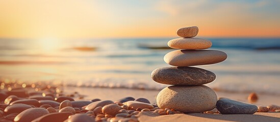 Papier peint photo Thèmes Balanced rock pyramid on pebbled beach with golden sea bokeh Zen stones on sea beach conveying meditation spa harmony and balance Copy space image Place for adding text or design  © Ilgun
