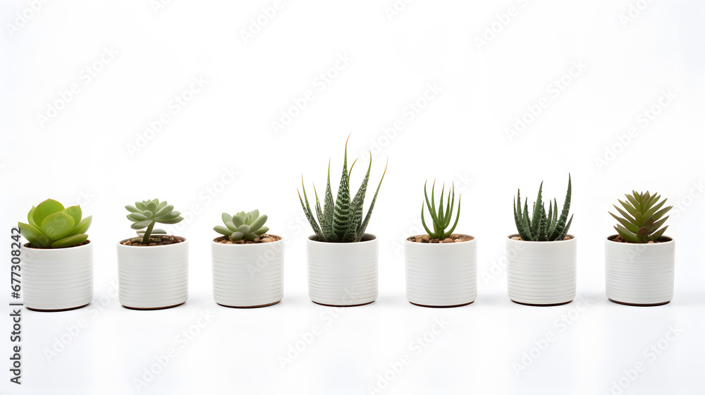 Variety of Succulents in White Pots on White Background