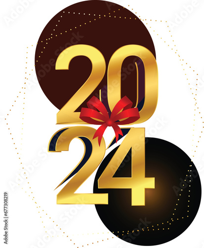 Greeting card Happy New Year 2024. Beautiful holiday web banner or billboard with Golden sparkling text Happy New Year 2024 written sparklers on festive blue background with fireworks