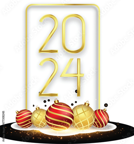 Greeting card Happy New Year 2024. Beautiful holiday web banner or billboard with Golden sparkling text Happy New Year 2024 written sparklers on festive blue background with fireworks