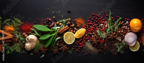 Assorted vibrant seasonings for cooking against a dark backdrop Copy space image Place for adding text or design