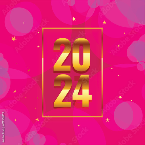 Greeting card Happy New Year 2024. Beautiful holiday web banner or billboard with Golden sparkling text Happy New Year 2024 written sparklers on festive blue background with fireworks