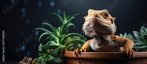 Bearded dragon poses on pot Copy space image Place for adding text or design photo