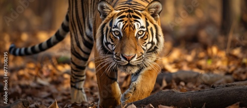 A tigress approaches a photographer in Pench tiger reserve Copy space image Place for adding text or design photo