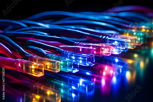 Intense colored electric cables and LED lighting, as well as optical fiber, create a vibrant background for technology and new business trends,