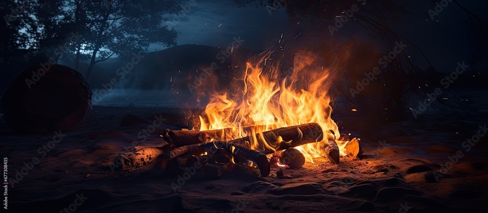 Campfire flames at night Copy space image Place for adding text or design Campfire flames at night Copy space image Place for adding text or design