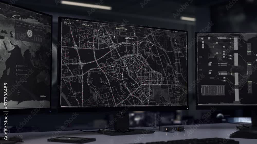 Police crime tracking system examining the night map of the city. Police using modern crime tracking technology to locate the thugs. Police crime tracking software looking for the runaway convicts. UI Police crime tracking system examining the night map of the city. Police using modern crime tracking technology to locate the thugs. Police crime tracking software looking for the runaway convicts. UI