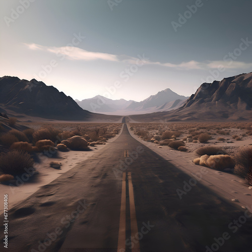 Road in the desert with mountains in the background. 3d rendering © Muhammad