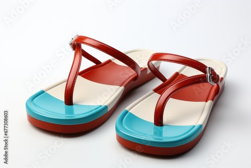 A pair of red and blue sandals on a white surface.