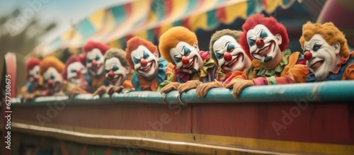 Clowns lined up at a game in a park Copy space image Place for adding text or design