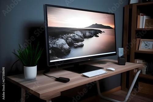 Computer on the table in the room at night. 3d rendering.