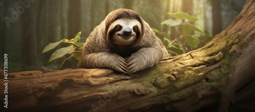Brown throated sloth is a type of three toed sloth in Central and South America Copy space image Place for adding text or design photo
