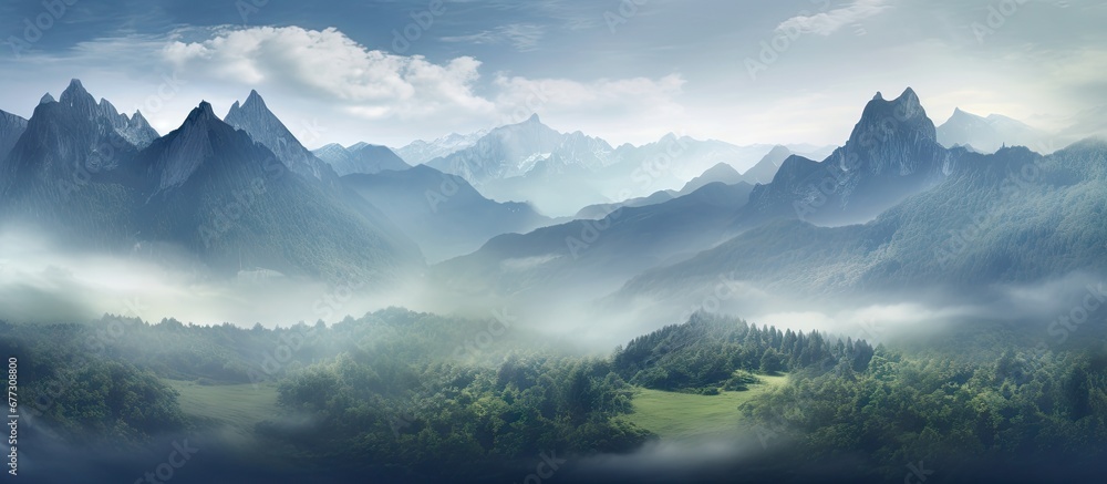Captivating photo of mist caressing majestic mountain peaks creating a charming atmosphere Copy space image Place for adding text or design