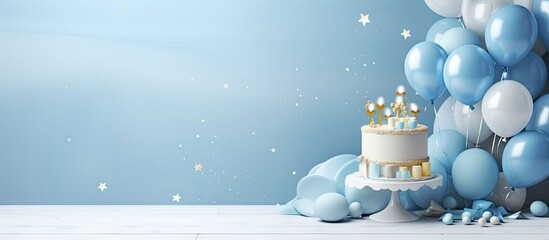 Celebrity themed birthday party with gourmet cafe for a one year old Decorated with a stunning blue cake meringues and a balloon Copy space image Place for adding text or design