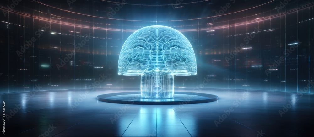 Brain drawings hologram on empty room interior background representing data concept through double exposure Copy space image Place for adding text or design Brain drawings hologram on empty room interior background representing data concept through double exposure Copy space image Place for adding text or design