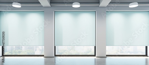 Automated blackout shades and electric curtains in a contemporary pastel colored interior with a glass wall Copy space image Place for adding text or design