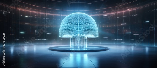 Brain drawings hologram on empty room interior background representing data concept through double exposure Copy space image Place for adding text or design