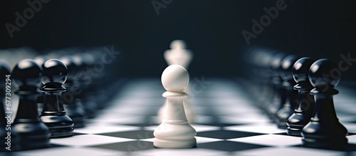 Black chess pawn among whites representing racism Copy space image Place for adding text or design photo