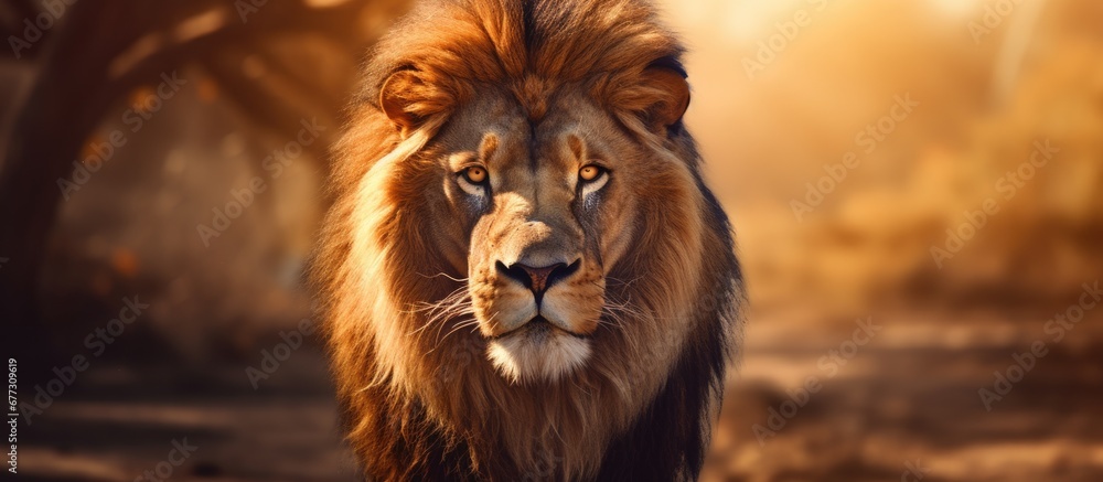 African lion king portrayed in warm light in its natural habitat representing African wildlife Copy space image Place for adding text or design
