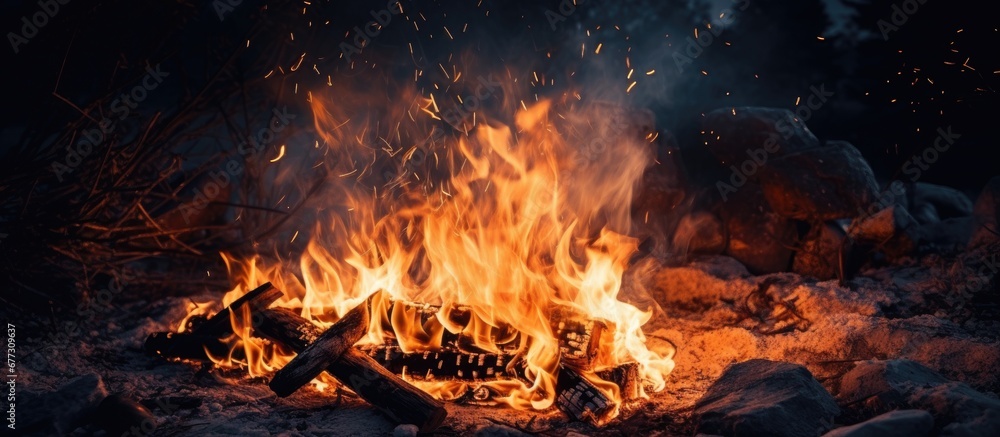 Campfire flames at night Copy space image Place for adding text or design Campfire flames at night Copy space image Place for adding text or design