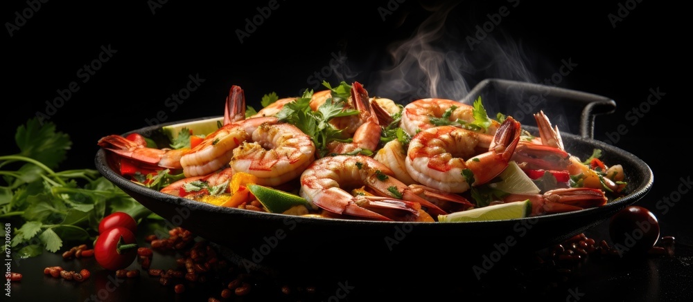 Chef prepares shrimp and vegetables in a frying pan for menus and restaurants on a black background Copy space image Place for adding text or design