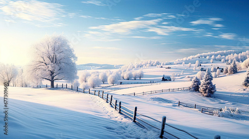 Winter Landscape of Farm land in Europe. Winter Morning After Heavy Snowfall The Night Before - Generative Ai