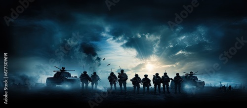 Battle scene depicting soldiers fighting below a foggy sky with an emphasis on armored vehicles Copy space image Place for adding text or design photo