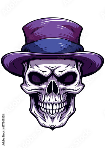 Skull Head with Purple Hat drawing, ready to print, editable, colored skull and drawing