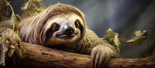 Brown throated sloth is a type of three toed sloth in Central and South America Copy space image Place for adding text or design photo