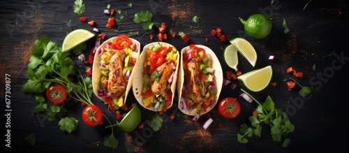 Chicken and veggie Mexican taco from above Copy space image Place for adding text or design