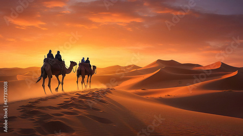 Camel Caravan Walking Into the Desert Sunset