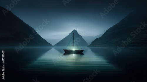 Boat Sits on Ere Lake With Glowing Light - Generative Ai