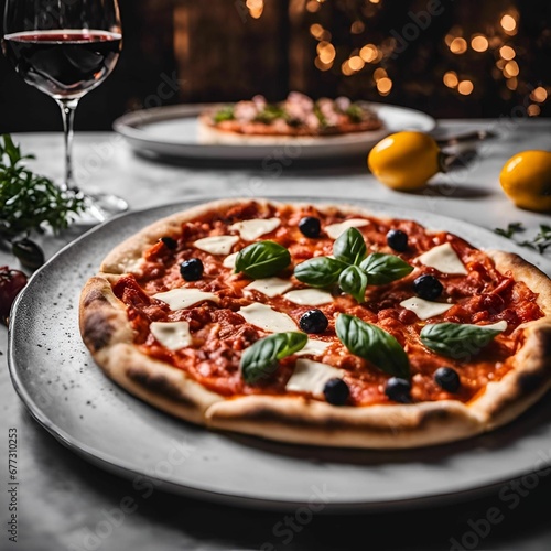 a pizza sits on top of a white plate next to two glasses of wine