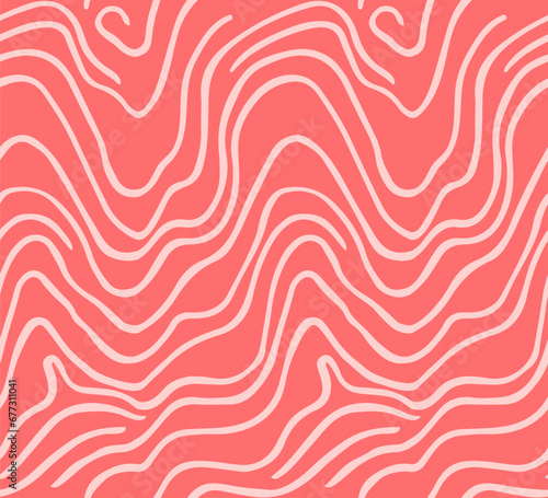 Salmon fillet structure pattern, light pink lines on red background. Seamless vector texture, bold curves.